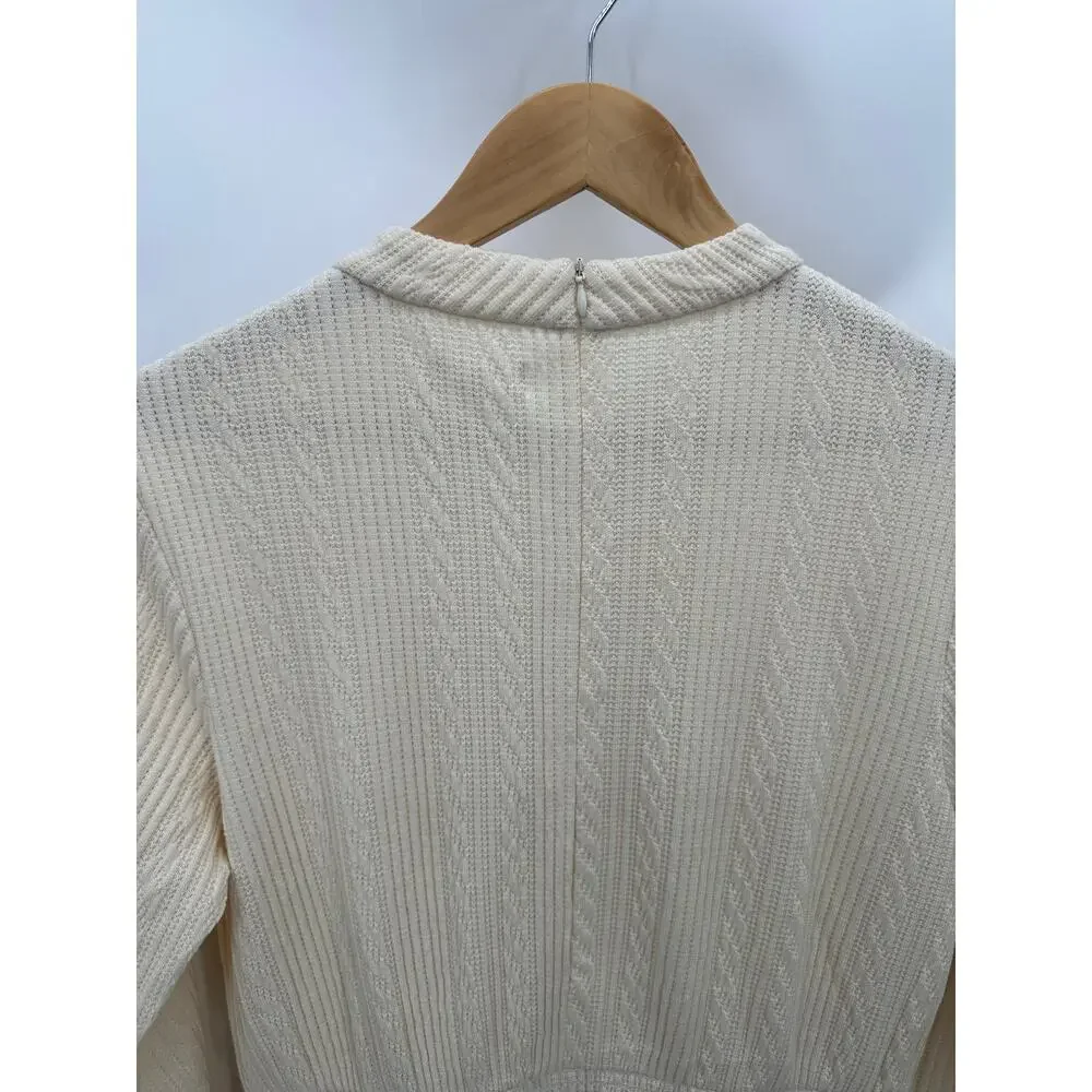 Roolee Dress Women MEDIUM Yellow Cream Knit Long Sleeve Patch Pocket Modest Midi